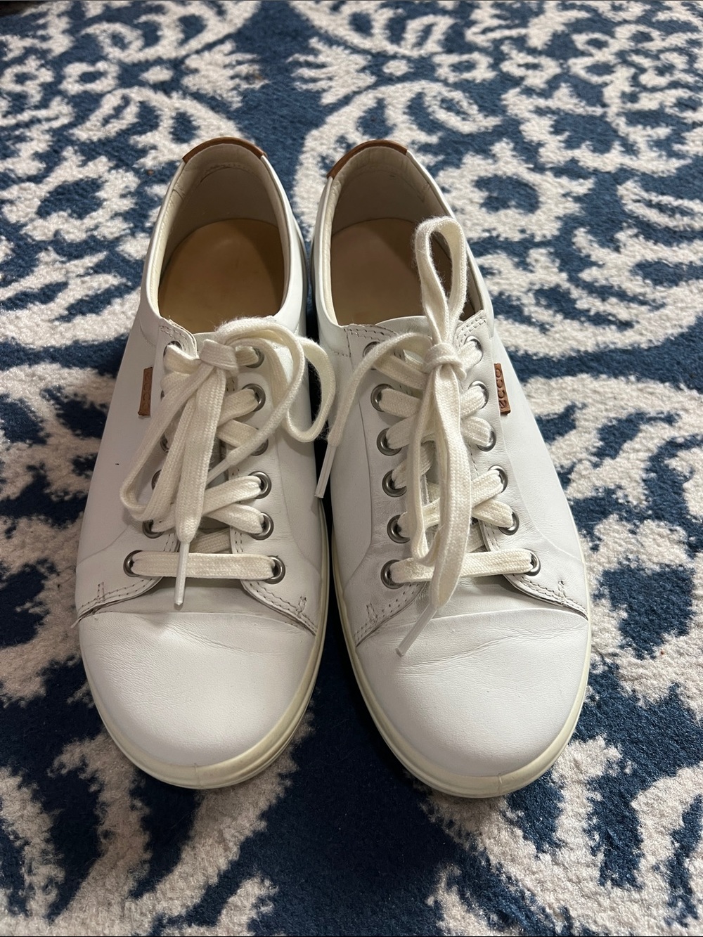 Ecco Women’s White Leather Lace-Up Sneakers with Tan Heel Accent